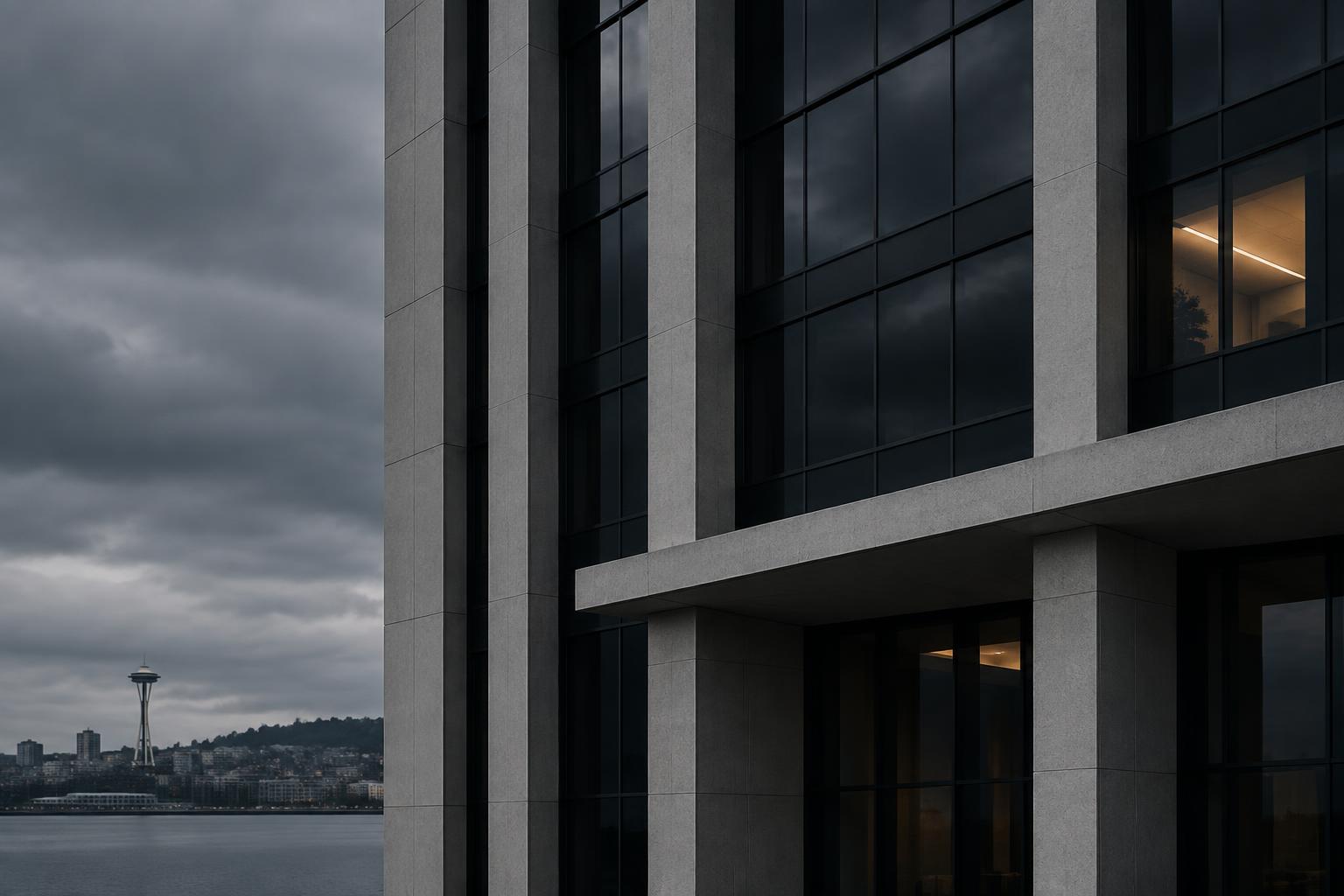 Seattle skyline beside a modern civic building